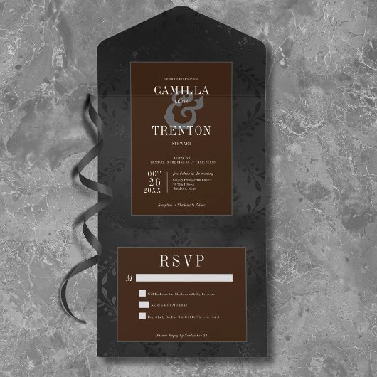 Invitation Tout En Un Dîner Gothique Noir et Brown Floral Satin