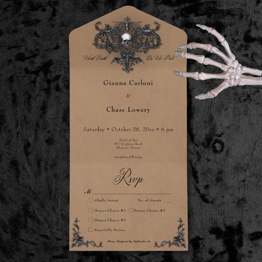 Invitation Tout En Un Dîner gothique noir et Brown Halloween en Filigree