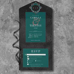 Invitation Tout En Un Dîner Gothique Noir et Turquoise Floral Satin