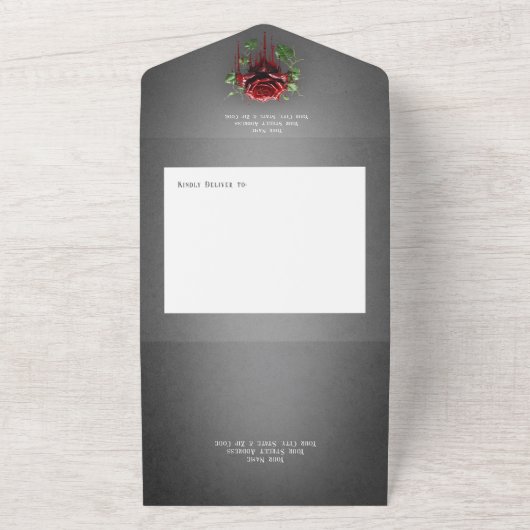 Invitation Tout En Un Dîner gothique noir foncé Coeur et Roses rouges (Dehors)