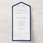 Invitation Tout En Un Dîner Monogramme minimal bleu et blanc de la Marin (À l'intérieur)