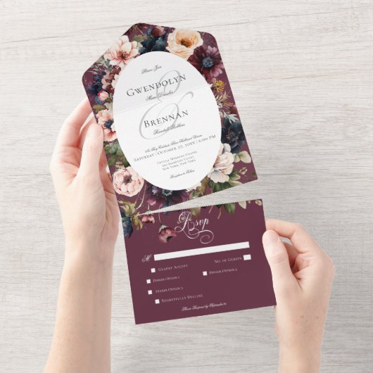 Invitation Tout En Un Dîner Moody Burgundy Oval Floral Frame (Déchirure)