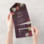 Invitation Tout En Un Dîner Moody Rose Burgundy & Cream Peonies (Déchirure)