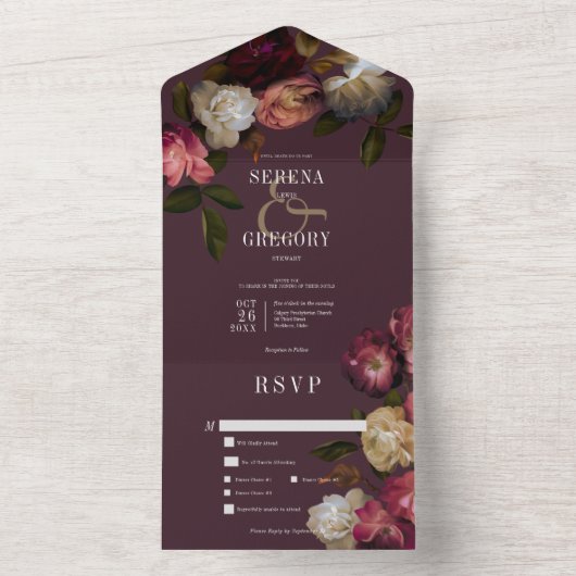 Invitation Tout En Un Dîner Moody Rose Burgundy & Cream Peonies (À l'intérieur)