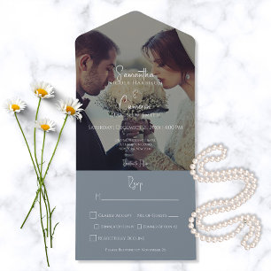 Invitation Tout En Un Dîner photo moderne Dusty Blue élégant