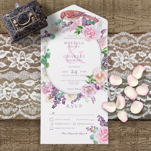 Invitation Tout En Un Dîner romantique Lilac & Rosé Floral Oval Frame