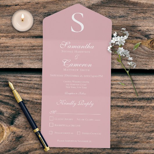Invitation Tout En Un Dîner rose Monogramme moderne