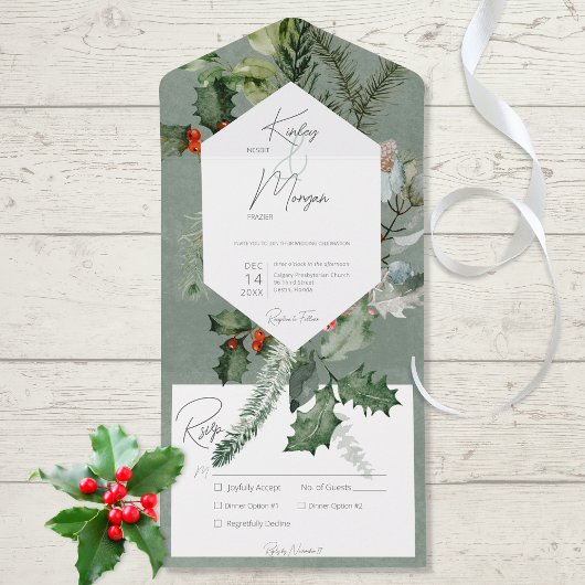 Invitation Tout En Un Dîner Rustic Holiday Green & Red Berries