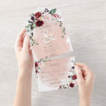 Invitation Tout En Un Dîner Rustique Bourgogne & Roses Roses Roses Roses<br><div class="desc">DISPONIBLE ÉGALEMENT AVEC UN CODE QR À ANALYSER DANS LA ZONE RSVP. Ce design présente une arche molle de vin de marsala et de roses roses roses avec verdure et baies sur un doux arrière - plan d'aquarelle couleur rousse. Les invitations tout-en-un personnalisées sont une combinaison unique d'une invitation personnalisée...</div>