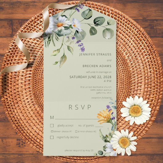 Invitation Tout En Un Dîner Rustique Daisy & Lavender Floral Sage Green