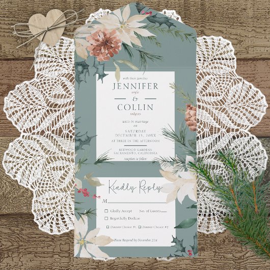Invitation Tout En Un Dîner Rustique Pine de Noël Sage Vert