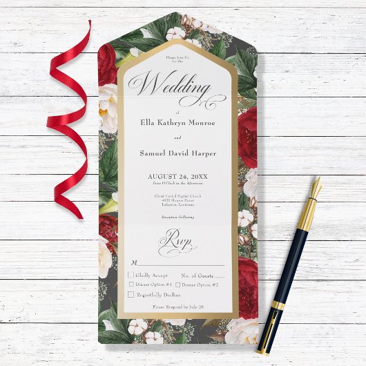 Invitation Tout En Un Dîner Rustique Rouge & Blanc Floral Gold Frame