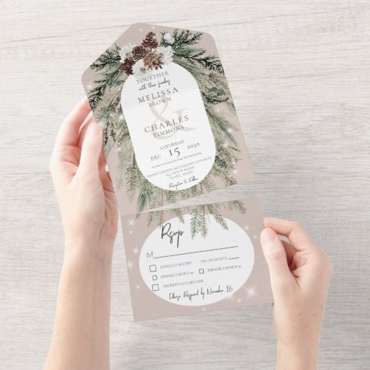 Invitation Tout En Un Dîner Rustique Tan Pine Winter Étincelant (Déchirure)