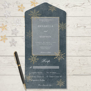 Invitation Tout En Un Dîner vintage Blue & Gold Parties scintillant Snow