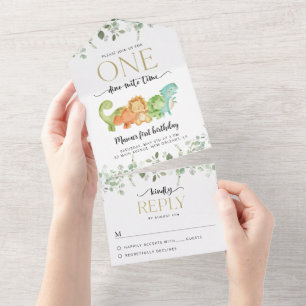 Invitation Tout En Un Dinosaures mignons, T-Rex, Jurassique, Premier Ann