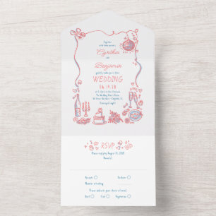 Invitation Tout En Un Doodles Dessinés à la main Funky Quirky Mariage mo