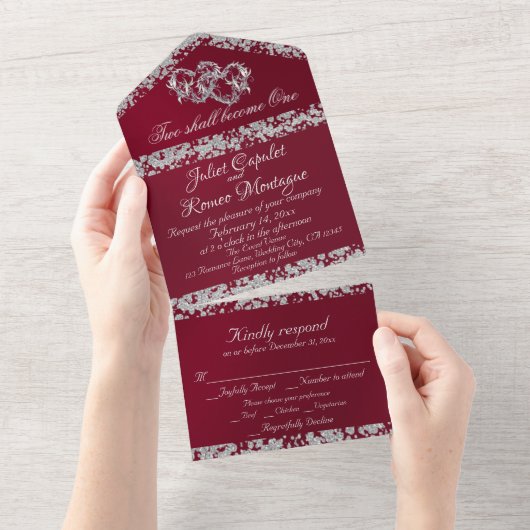 Invitation Tout En Un Double Coeur & Parties scintillant - Bourgogne (Déchirure)