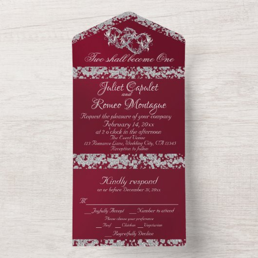Invitation Tout En Un Double Coeur & Parties scintillant - Bourgogne (À l'intérieur)