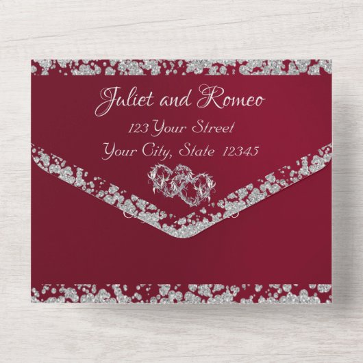 Invitation Tout En Un Double Coeur & Parties scintillant - Bourgogne (Verso)