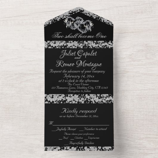 Invitation Tout En Un Double Coeur & Parties scintillant - Noir (À l'intérieur)