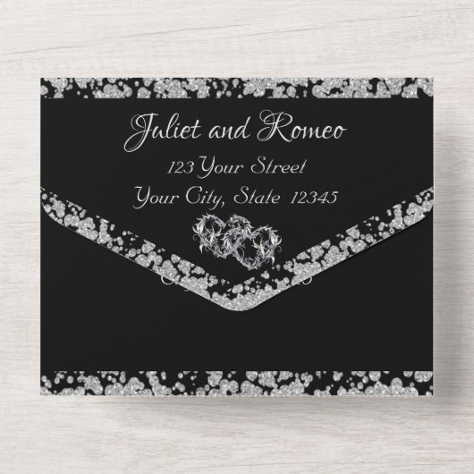 Invitation Tout En Un Double Coeur & Parties scintillant - Noir (Verso)