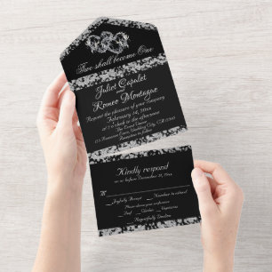 Invitation Tout En Un Double Coeur & Parties scintillant - Noir