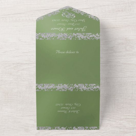 Invitation Tout En Un Double Coeur & Parties scintillant - Sage (Dehors)