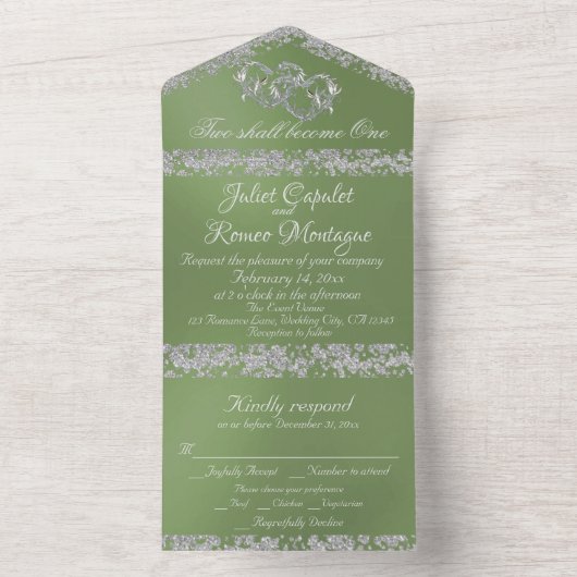Invitation Tout En Un Double Coeur & Parties scintillant - Sage (À l'intérieur)