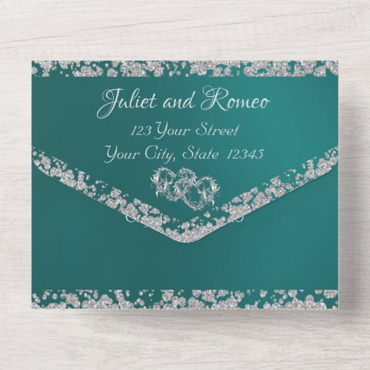 Invitation Tout En Un Double Coeur & Parties scintillant - Turquoise (Verso)