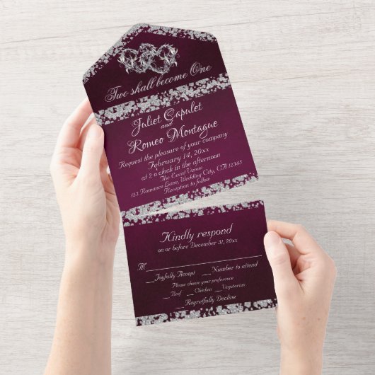 Invitation Tout En Un Double Coeur & Parties scintillant - Violet (Déchirure)