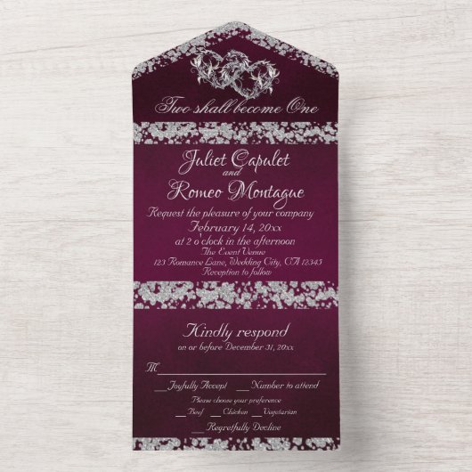 Invitation Tout En Un Double Coeur & Parties scintillant - Violet (À l'intérieur)