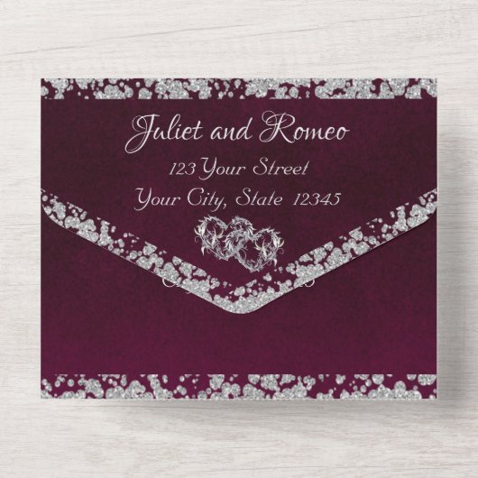 Invitation Tout En Un Double Coeur & Parties scintillant - Violet (Verso)