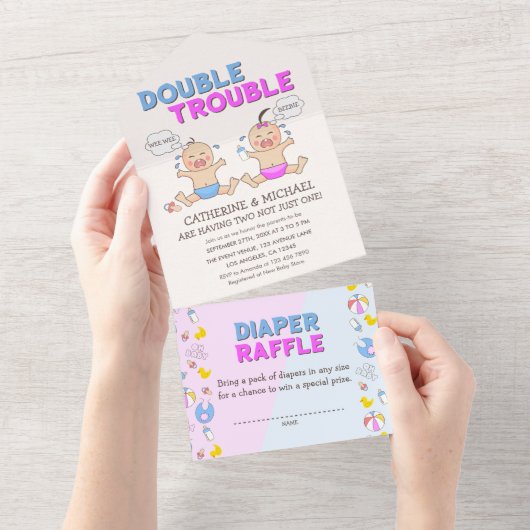Invitation Tout En Un Double Trouble Twin Boy & Girl Baby shower (Déchirure)