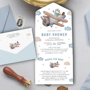 Invitation Tout En Un Douce Baby Shower Vintage Rétro Avion Bleu Pilote