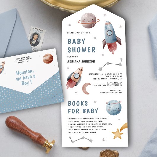 Invitation Tout En Un Douce Fête de Bébé Fusée Planètes Espace Rustique