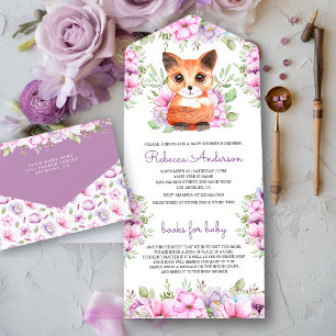 Invitation Tout En Un Douce Fête de Bébé Rose Violet Floral Chat Mignon