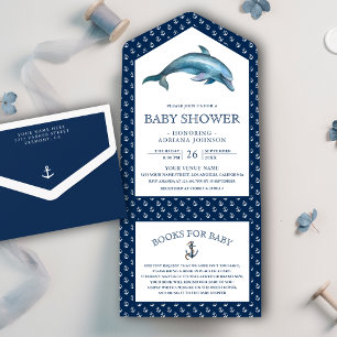 Invitation Tout En Un Douce Fête de Naissance Dauphin Marin Bleu Marine