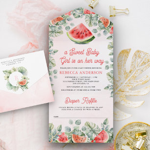 Invitation Tout En Un Douce Fille au Pastèque Mignon Baptême de Bébé