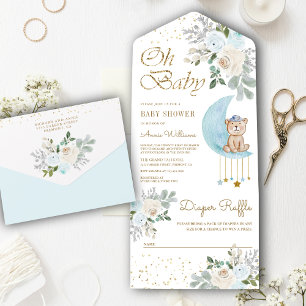 Invitation Tout En Un Douce Lune Florale Bleue Ours en Peluche Mignon Ba