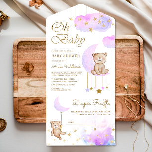 Invitation Tout En Un Douce Lune Mauve Ours en Peluche Mignon Baby Showe