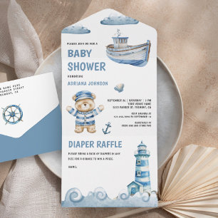 Invitation Tout En Un Douce Ourson Marin Bateau Baby Shower Rustique