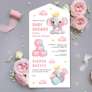 Invitation Tout En Un Douce Reine Éléphant Rose Fille Baby Shower