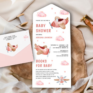 Invitation Tout En Un Douce Rétro Vintage Avions Roses Baby Shower