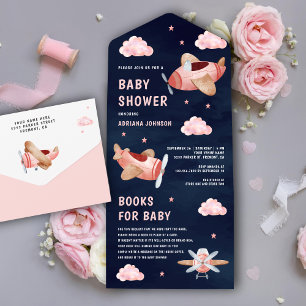 Invitation Tout En Un Douce rose vintage avions bleu marine Baby Shower