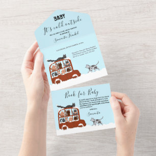 Invitation Tout En Un Doux chats dans une voiture Fête bébé hiver froid