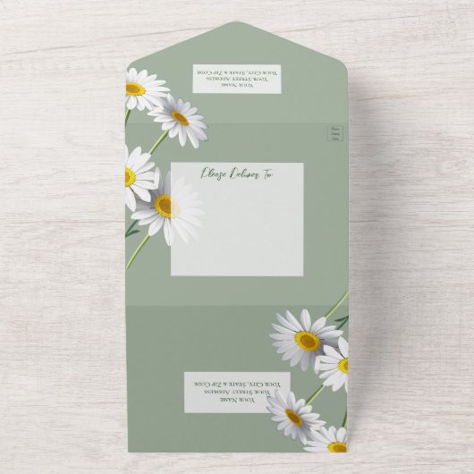 Invitation Tout En Un Doux marguerites sur Sage Green avec code QR (Dehors)