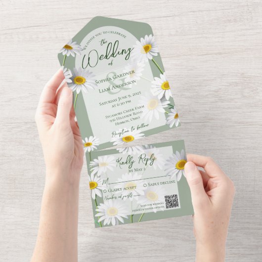 Invitation Tout En Un Doux marguerites sur Sage Green avec code QR (Déchirure)