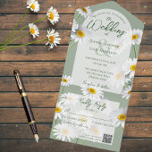 Invitation Tout En Un Doux marguerites sur Sage Green avec code QR