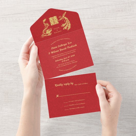 Invitation Tout En Un ©Dragon-Phoenix Mariage chinois d'or rouge (Déchirure)