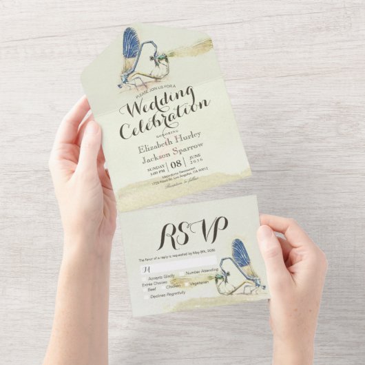 Invitation Tout En Un Dragonflies Couple Mating Heart Shape Wedding RSVP (Déchirure)